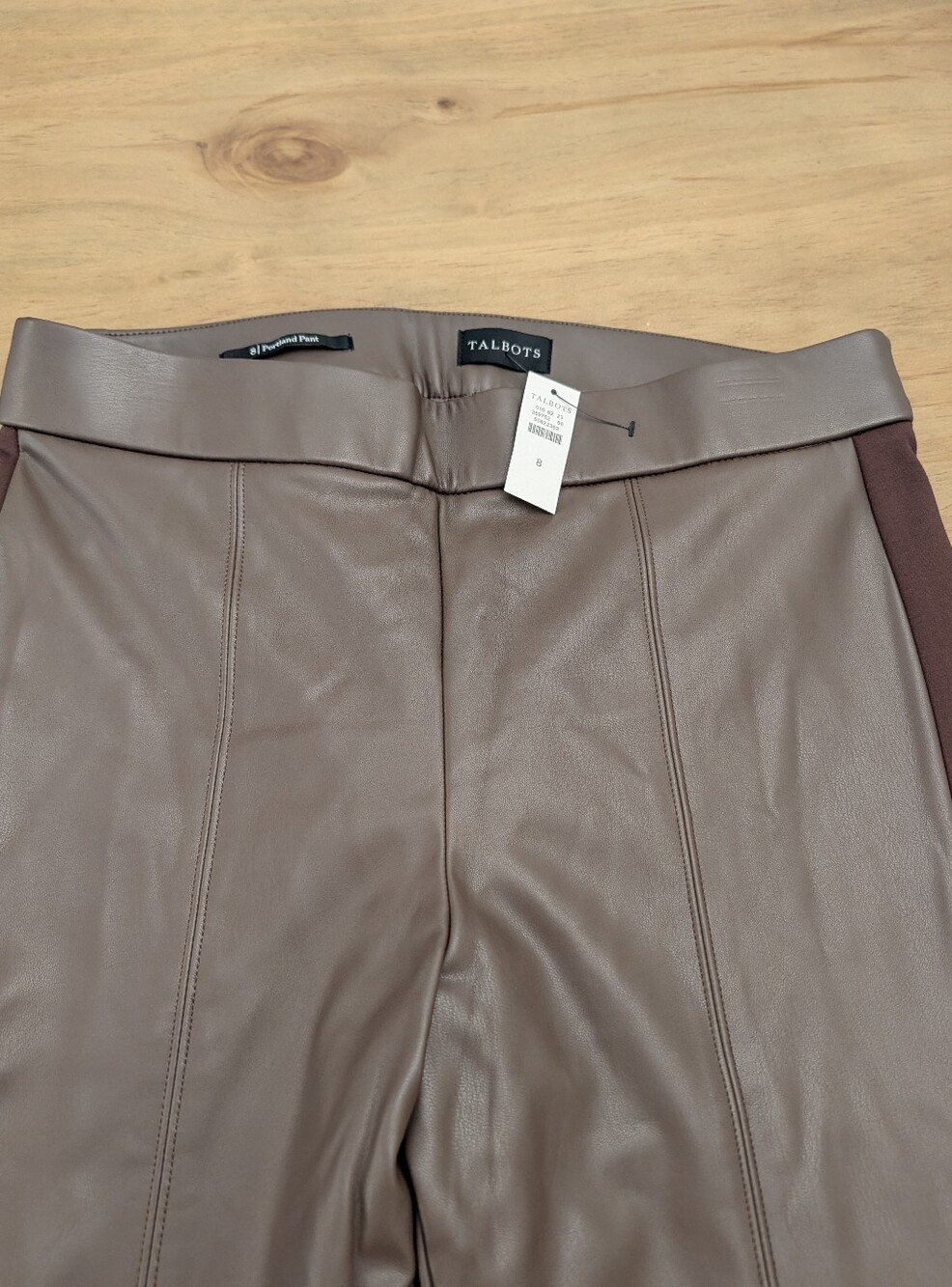 New Talbots Faux Leather Portland Pant Stretch Sides Chocolate Brown Size 8